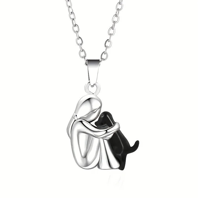 Ladies' Fashion Necklace: Adorable Girl & Dog Hug Pendant for Everyday Style