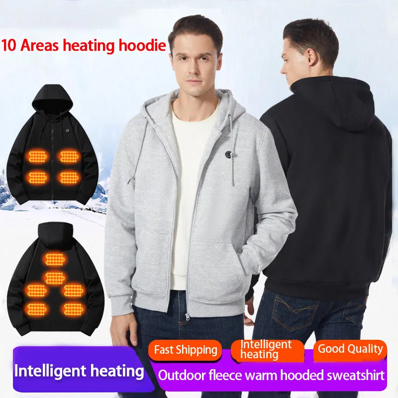 10 Areas Intelligent USB Heating Hoodie for Men Women Winter Smart Thermal Hooded Sweatshirt Couple Style Outdoor Sportswear