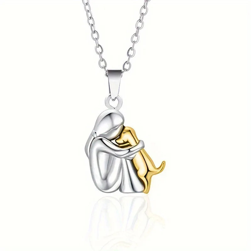 Ladies' Fashion Necklace: Adorable Girl & Dog Hug Pendant for Everyday Style